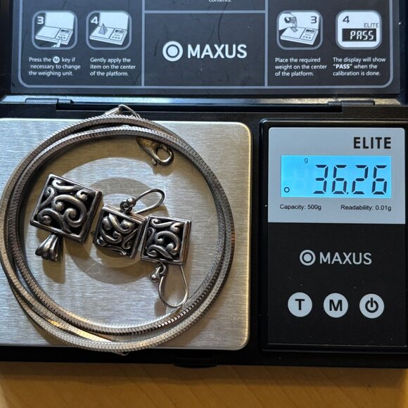 925 Silver Snake Chain + Solid Pendant + Earring Set w/ Scroll Design + Patina - Picture 8 of 8